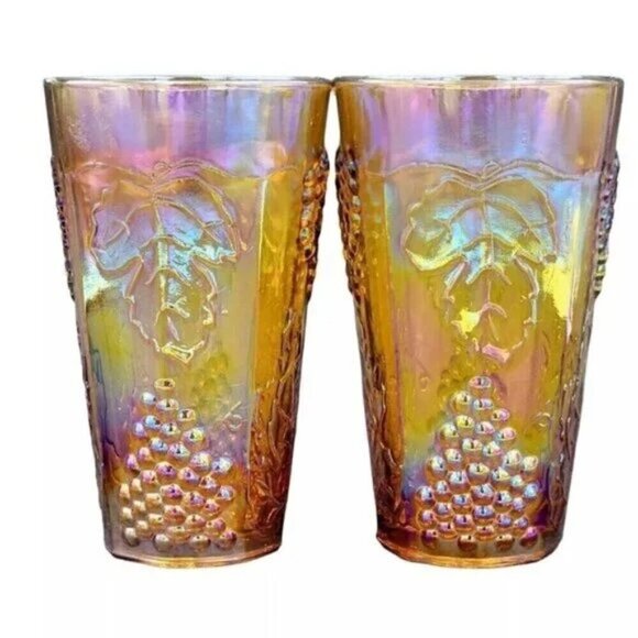 Colony Amber Carnival Glass Flat Bottom Cooler Glasses Grapes Leaves 5 3/4 Set 2 - Picture 1 of 7